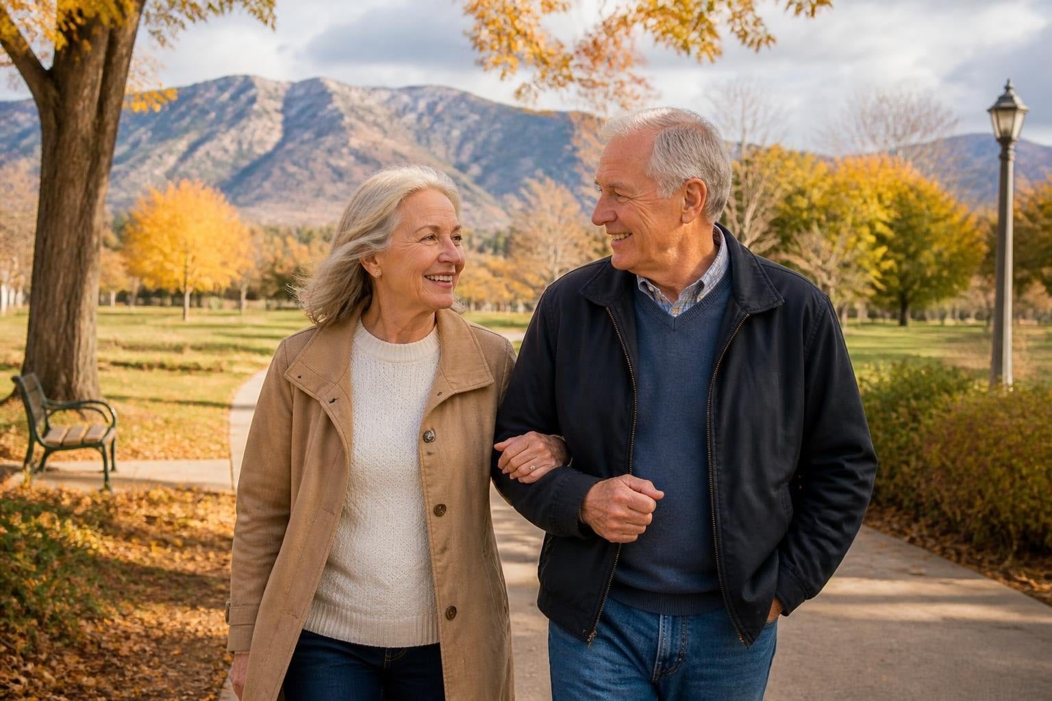 Older couple walking arm in arm in a Utah park in fall