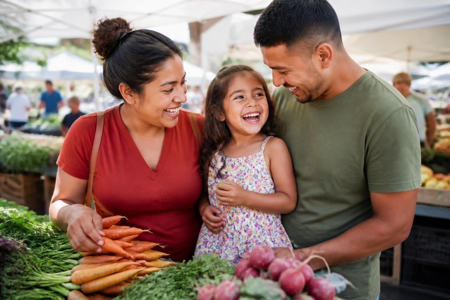 Family laughing together at a summer farmers market