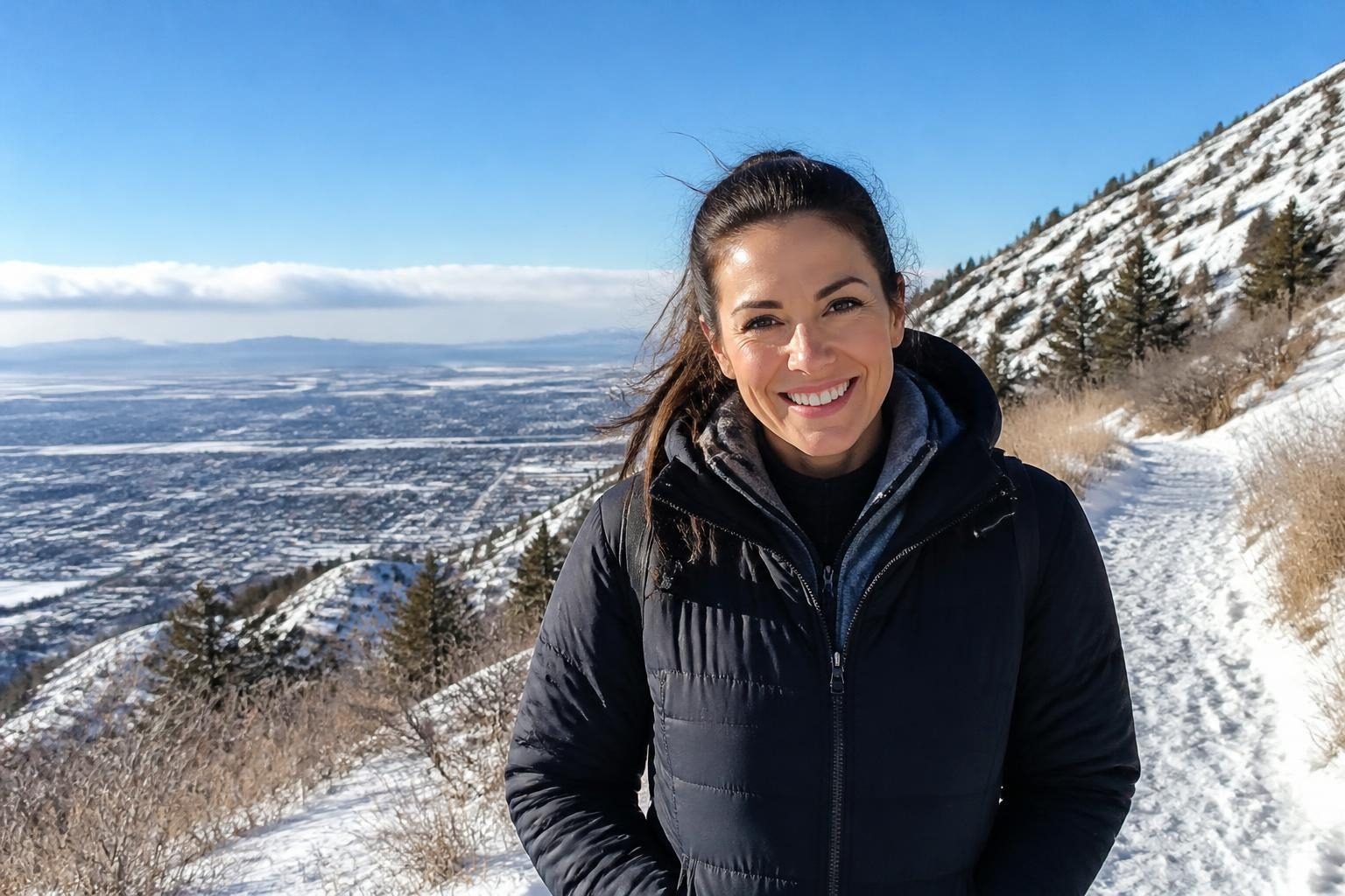 Woman smiling on a snowy trail above the Salt Lake Valley